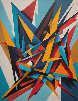 The primary subject of the image is a colorful, abstract artwork featuring a mix of blue, red, yellow, and orange colors. The setting is a white wall, and the visual style appears to be a combination of digital art and illustration. The artwork creates a vibrant and lively atmosphere, with the colors and patterns creating a sense of energy and movement.